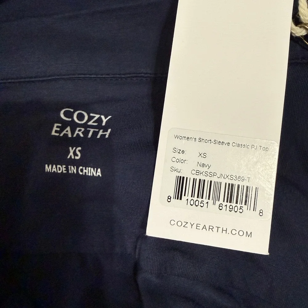 NWT Cozy Earth Women's Navy Blue Short Sleeve Classic Pajama PJ‎ Top XS Bamboo